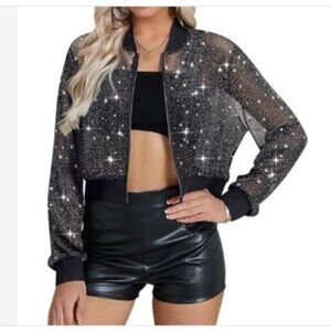Sheer Mesh Sparkly Crop Bomber Jacket See Thru Glitter Rave Festival